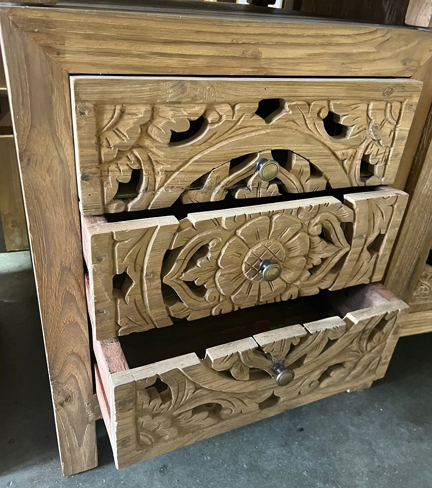 Bedside Cabinet Mas Recycled Teak 3 Hand Carved Drawer Creamwash 50cm