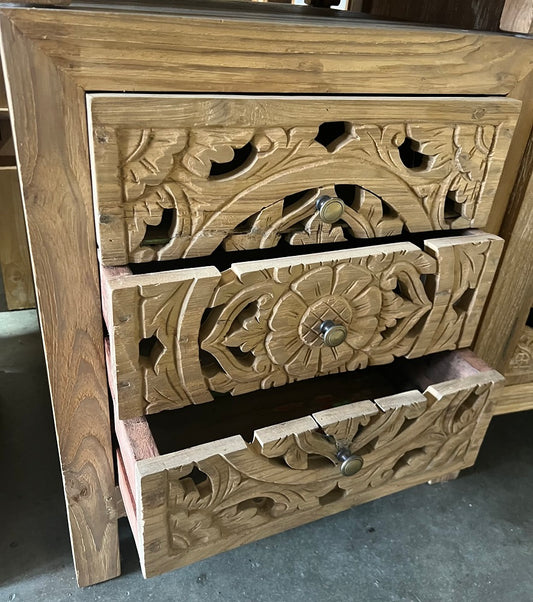 Mas Recycled Teak 3  handcarved carved drawer  Creamwash Bedside cabinet