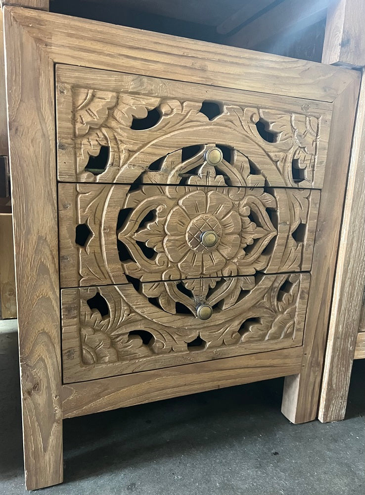 Bedside Cabinet Mas Recycled Teak 3 Hand Carved Drawer Creamwash 50cm