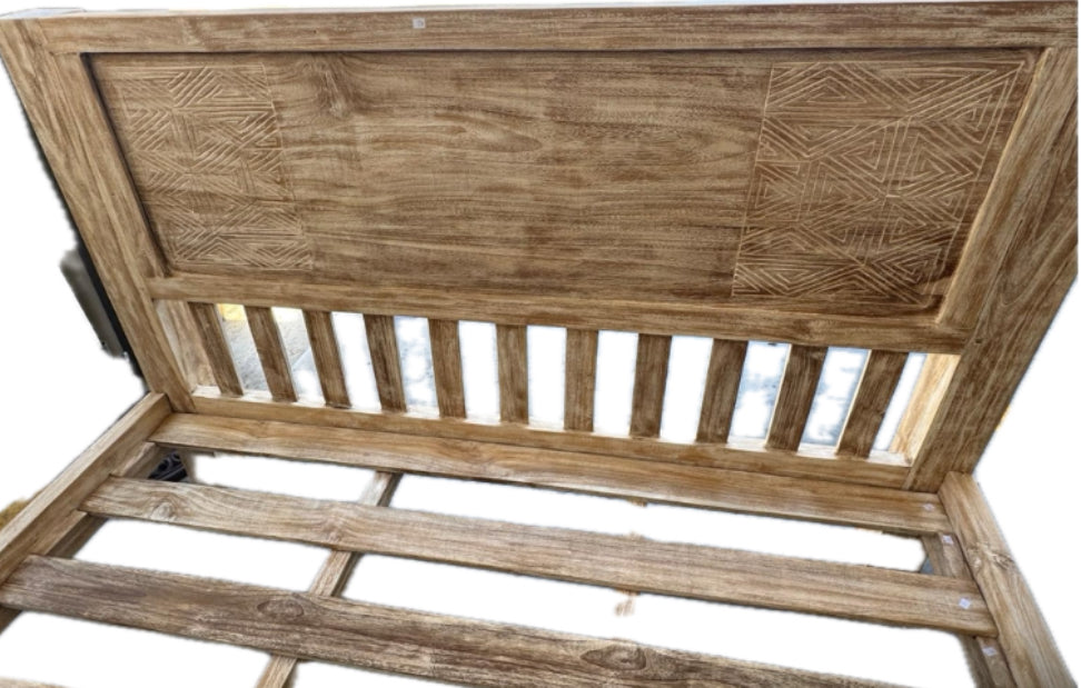 Batubulan Teak Bed with Hand Carved Timor design Bedhead Queen Creamwash