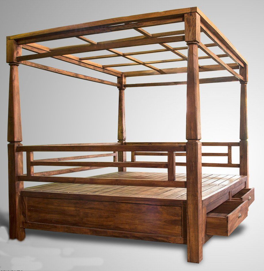 Batubulan Canopy Recycled Teak Daybed King with 2 drawers