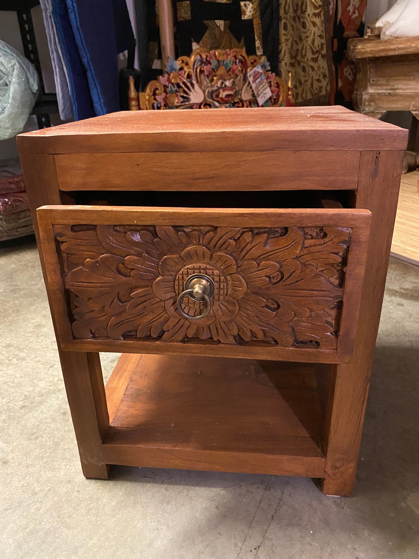 Bedside Cabinet Carved Teak (Natural stain)