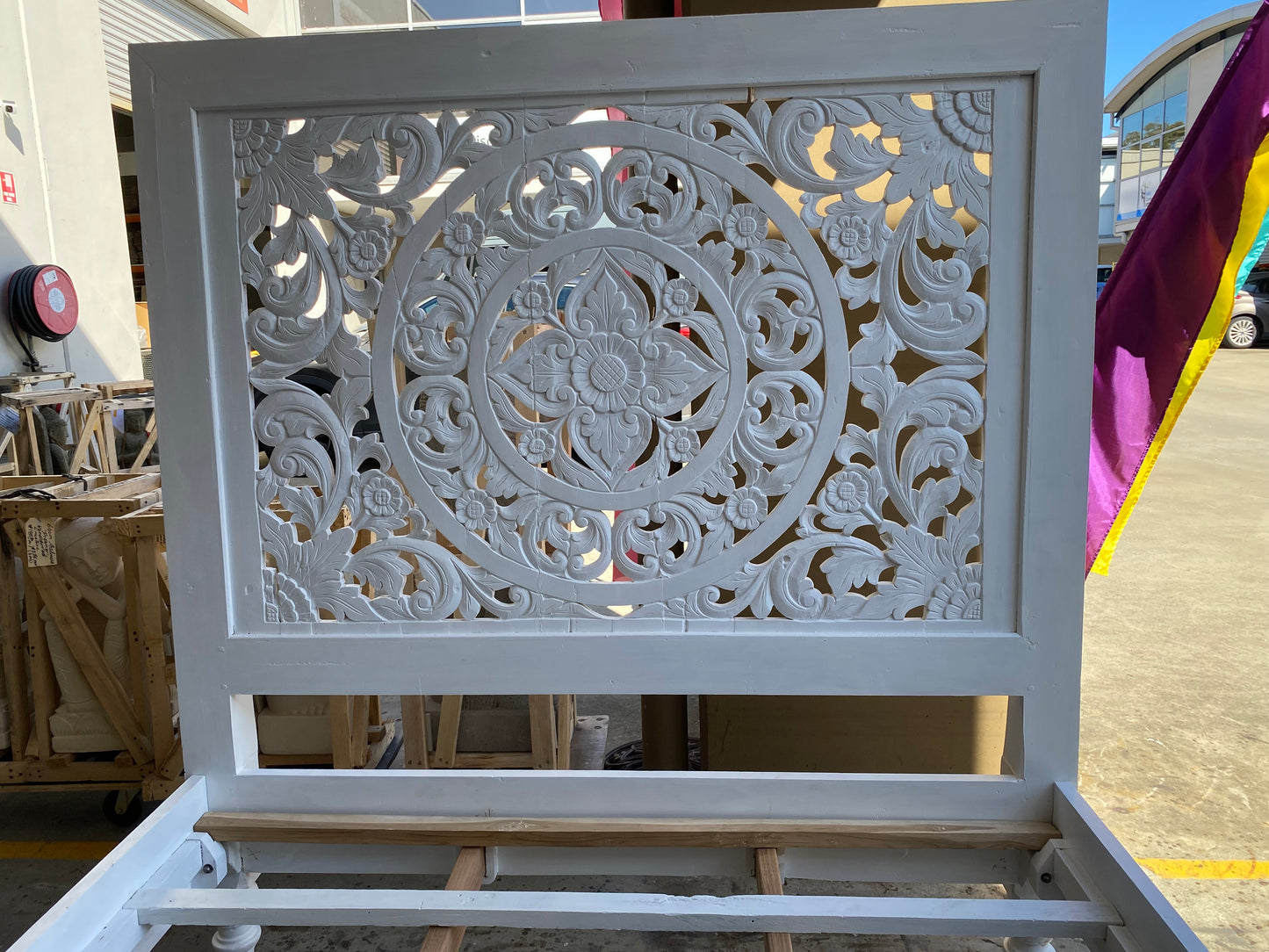 Teak Bed with Hand Carved Bedhead Queen white