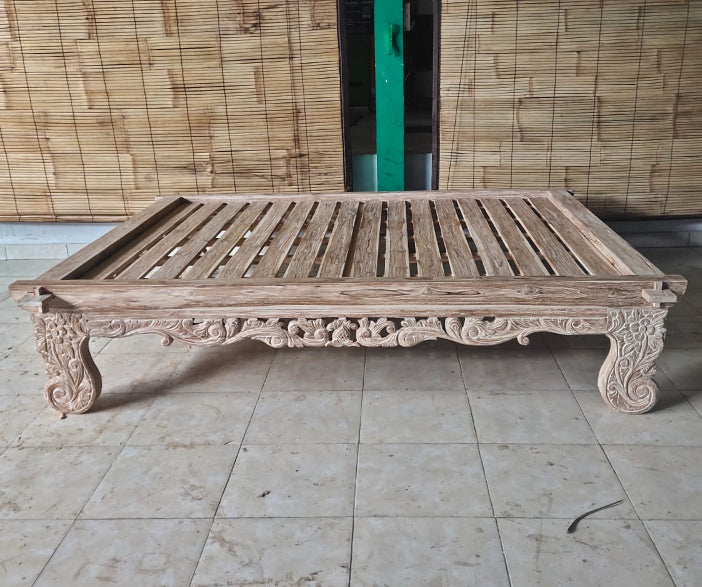 Mas Kartini King Handcarved Recycled Teak Bed base / Daybed platform (cream wash)