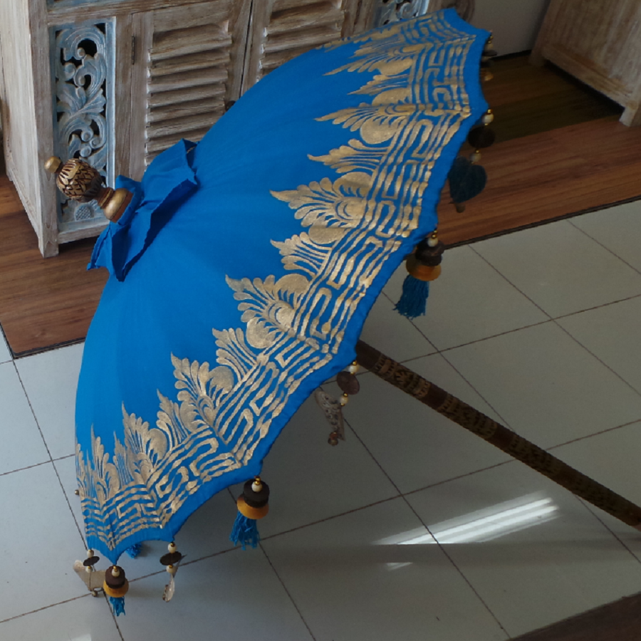 Medium 1 mtr round Balinese umbrella printed, Carved wooden 2 pce Pole - Black