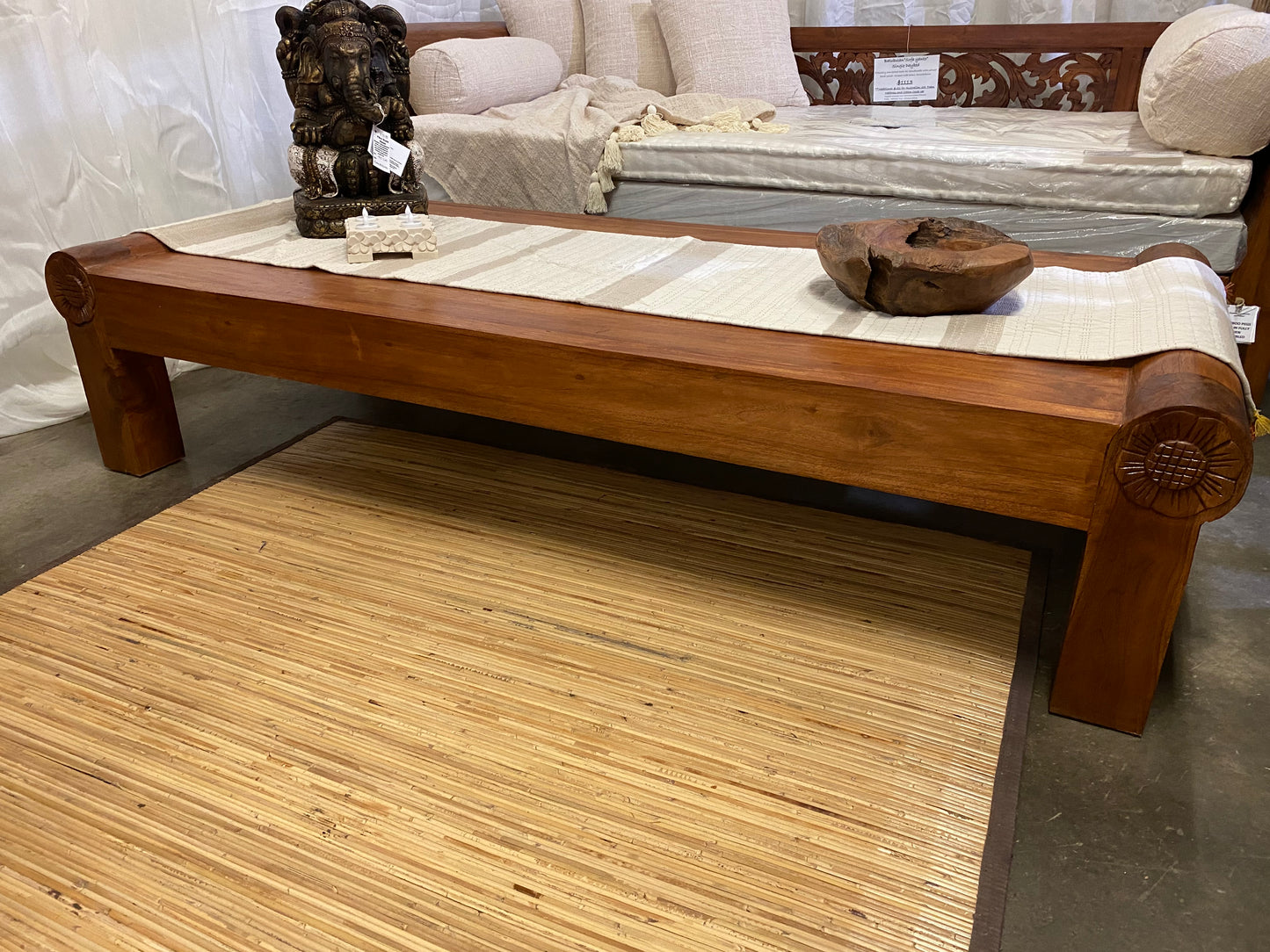Yanto Teak carved coffee table 95cmx50cmx45cm ht cream wash finish