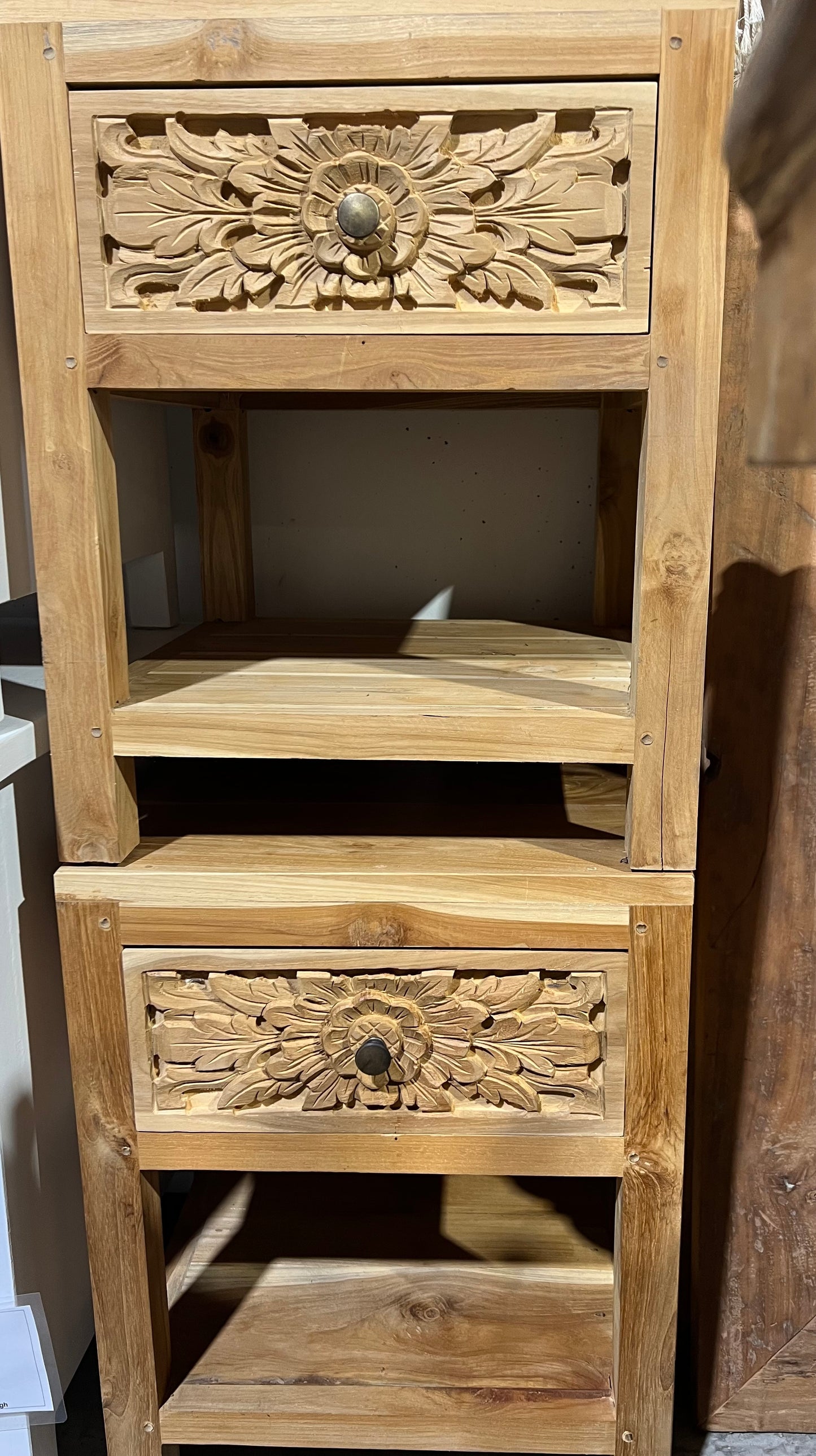Bedside Teak 1 Carved Drawer 1 shelf (Natural) Pair