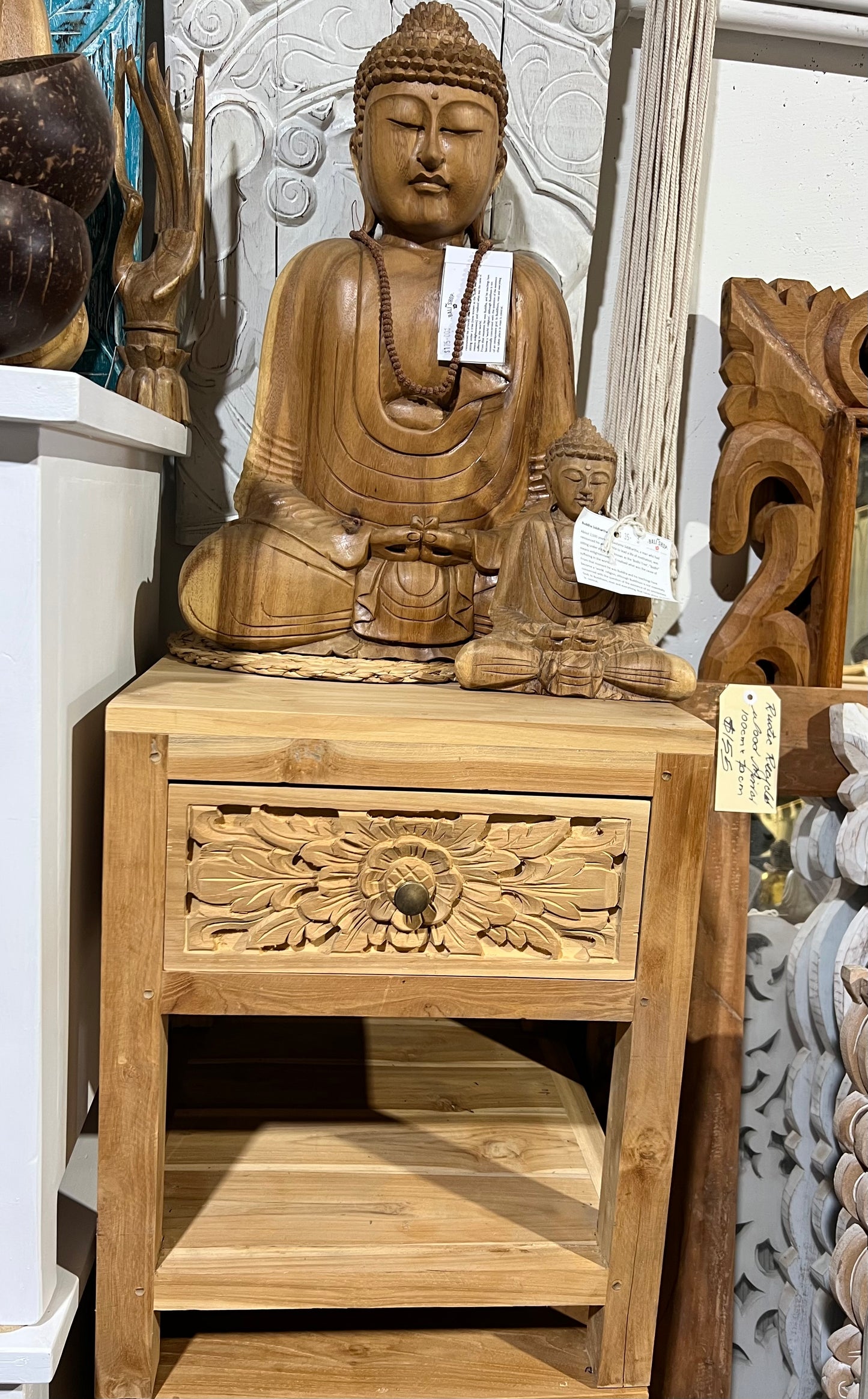 Bedside Teak Cabinet Hand Carved Drawer Raw wood