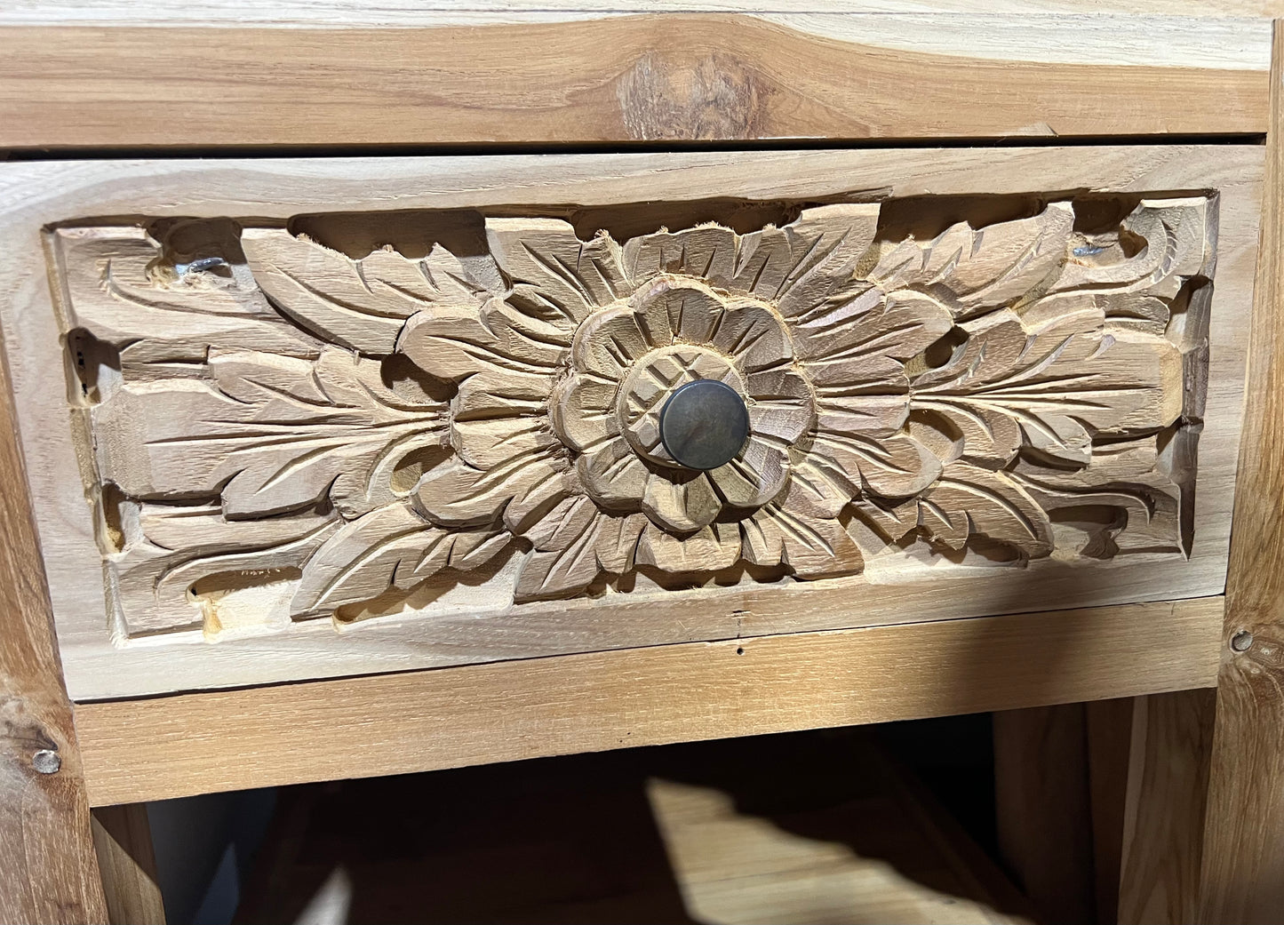 Bedside Teak Cabinet Hand Carved Drawer Raw wood