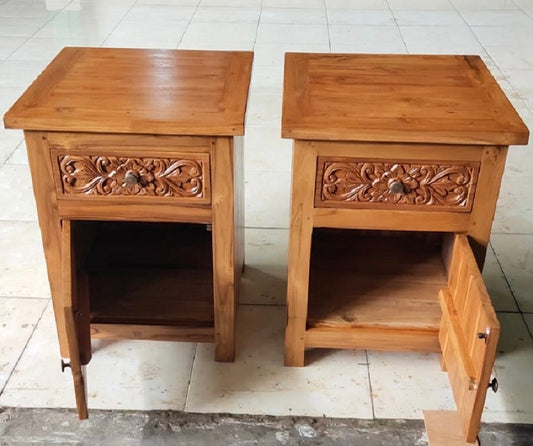 Teak Bedside Cabinet with carved drawer Batubulan