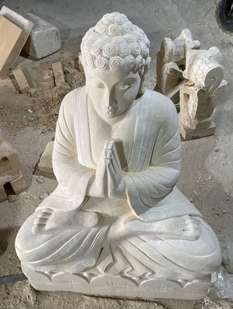 Buddha handcarved 60cm Limestone sitting in prayer/Namaste pose