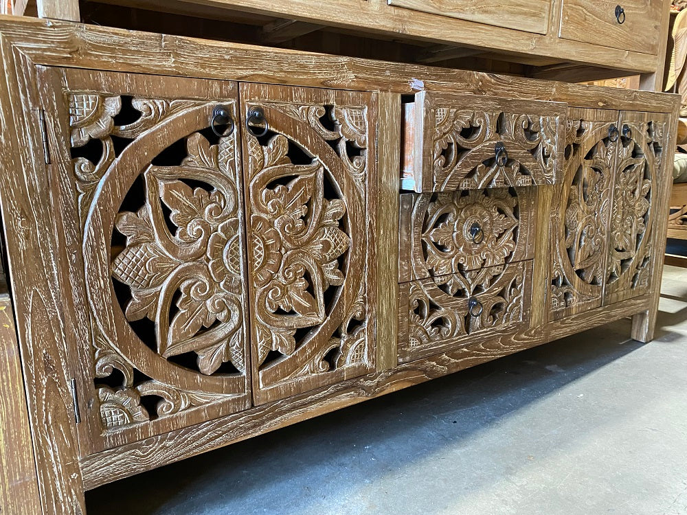 Recycled Teakwood Toyo Sideboard/Cabinet with 4 hand carved doors 3 drawers natural wash stain finish 170cm(L)