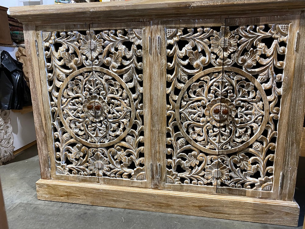 Recycled Teakwood Toyo Sideboard / Cabinet with 4 hand carved doors 120cm(L)