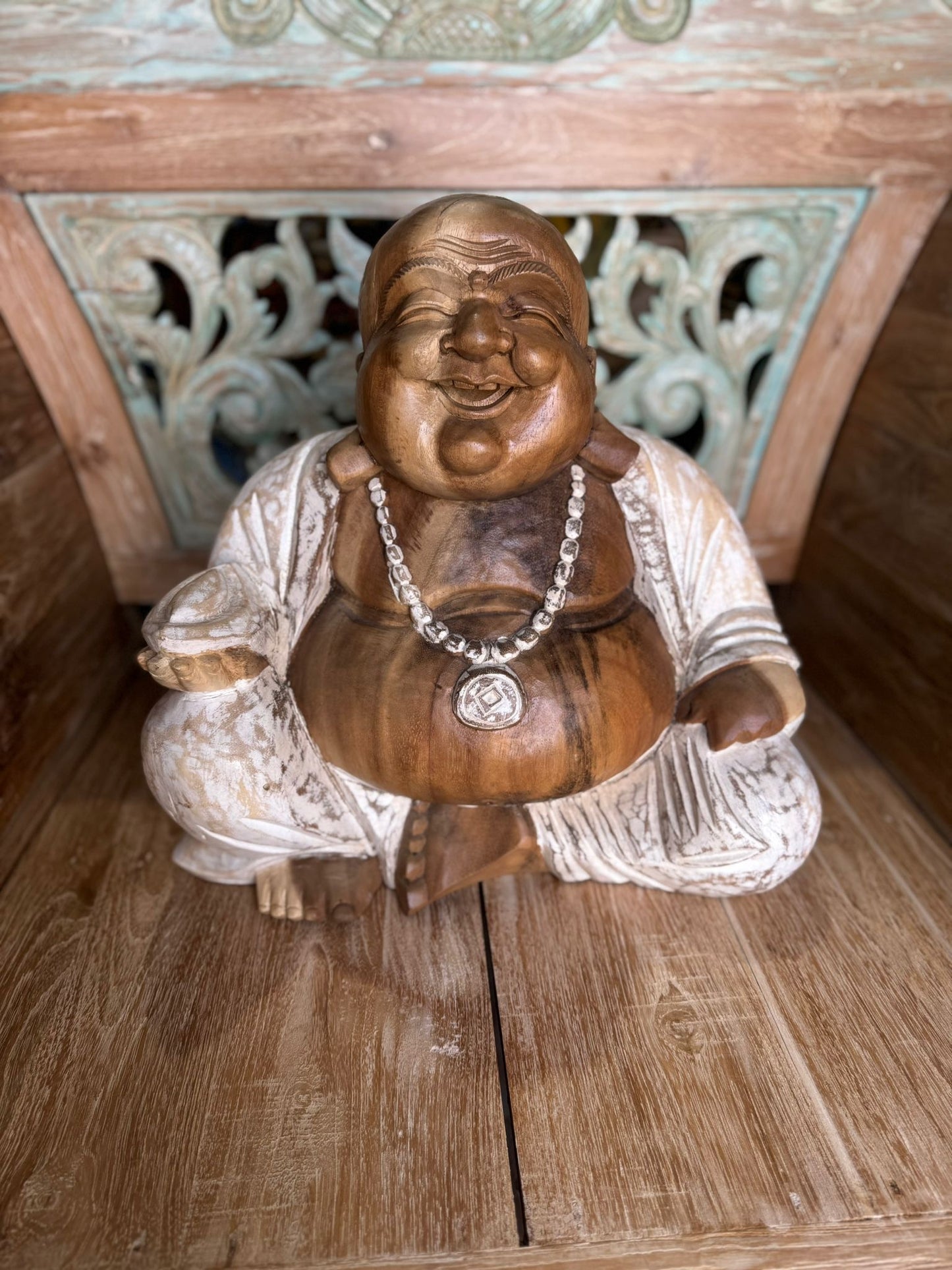 Buddha Happy Wooden Hand Carved 40cm (h)
