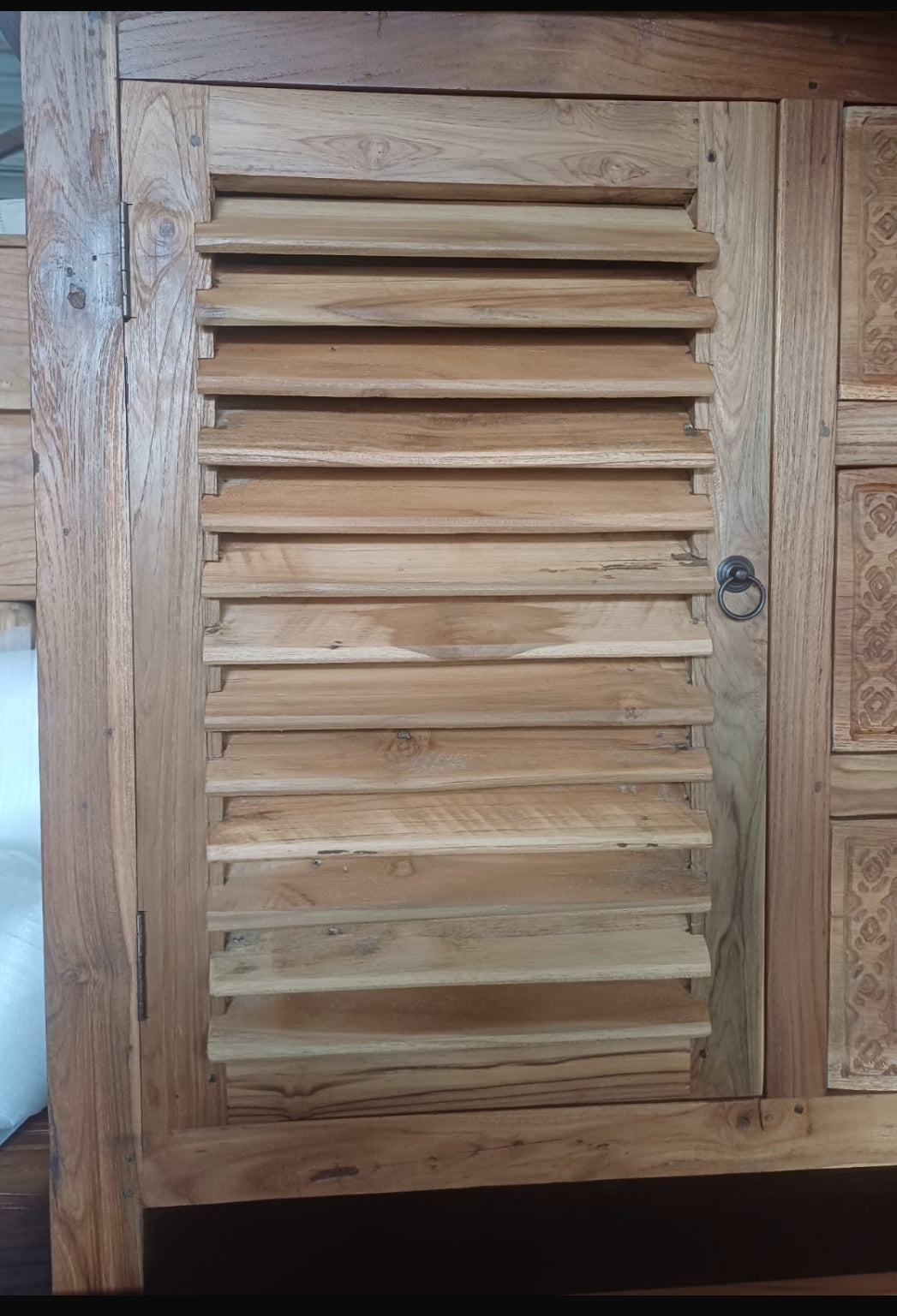 Mas Recycled Teakwood Sideboard / Cabinet with 3 hand carved drawers 2 Louvre doors 150cm length