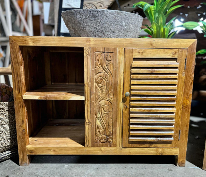 Mas Recycled Teak Vanity Cabinet 100cm wide with carved panel 1 door. shelving