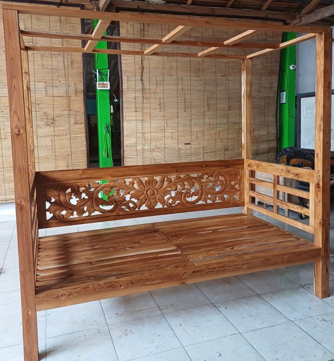 Mas Canopy Daybed with Carved Panel Feature Recycled Teak Double Natural