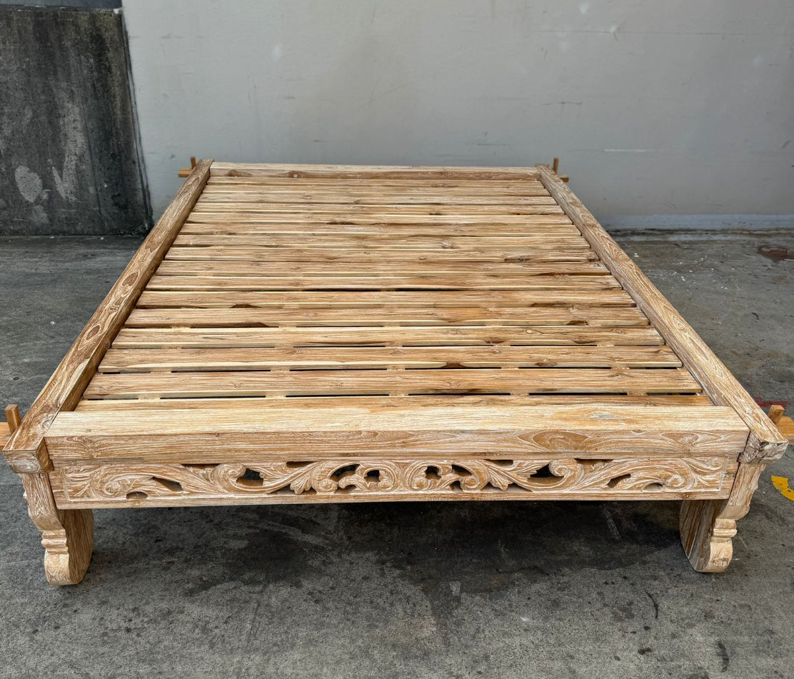 Mas Kartini King Handcarved Recycled Teak Bed base / Daybed platform (cream wash)