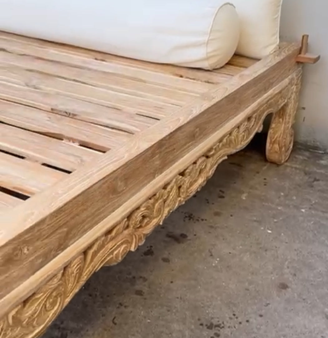 Mas Kartini King Handcarved Recycled Teak Bed base / Daybed platform (cream wash)