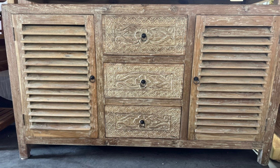 Mas Recycled Teakwood Sideboard / Cabinet with 3 hand carved drawers 2 Louvre doors 150cm length