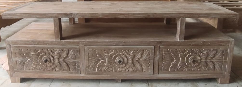 Teak Low TV cabinet 180cm (Creamwash) open shelf 3 carved drawers