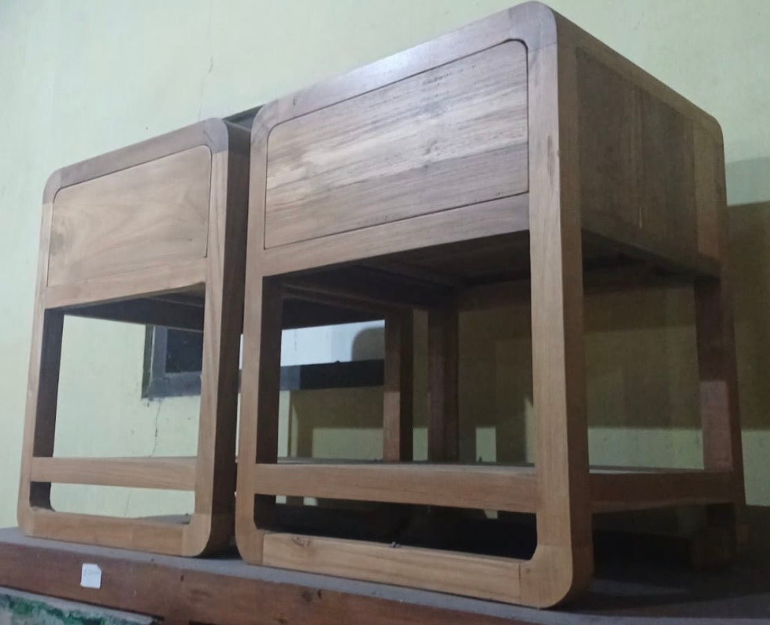 Bedside Recycled Teak Cabinet Drawer and shelf oval corners Natural finish