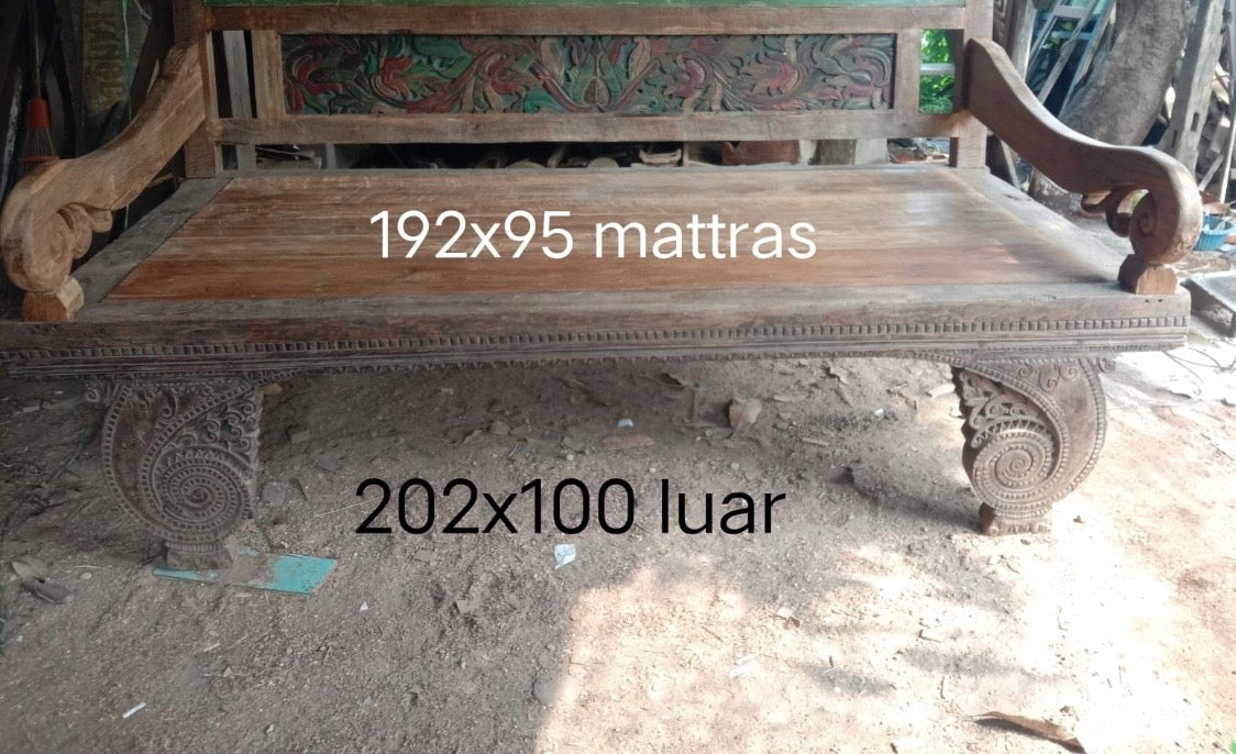 Mas Madura refurbished Original Teak Hand Carved Daybed curved arms (Natural finish)