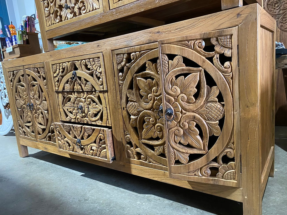 Mas Recycled Teakwood Sideboard / Cabinet with 4 hand carved doors 3 drawers 160cm(L)