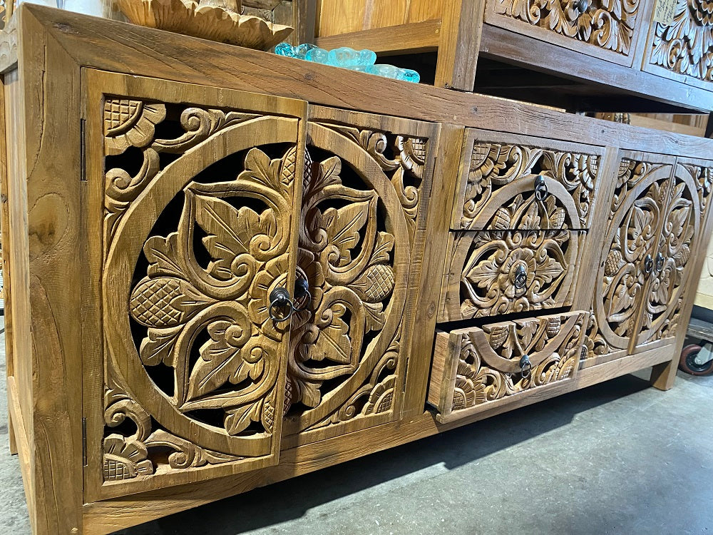 Mas Recycled Teakwood Sideboard / Cabinet with 4 hand carved doors 3 drawers 160cm(L)