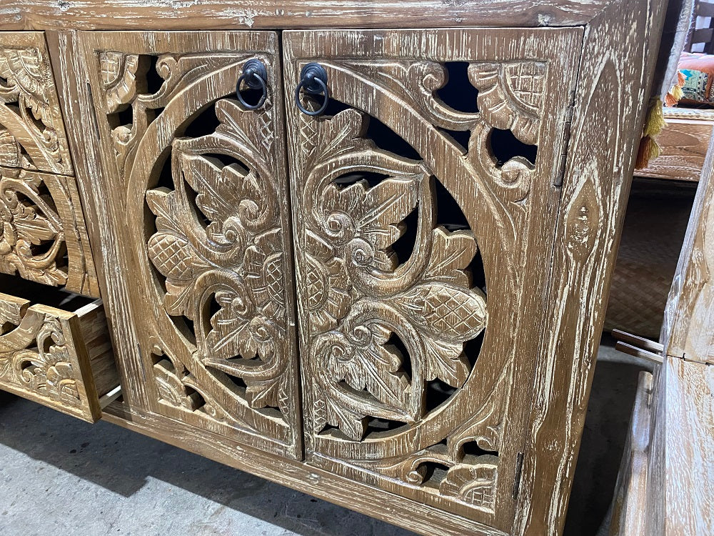 Mas Recycled Teakwood Sideboard / Cabinet with 4 hand carved doors 3 drawers 160cm(L)