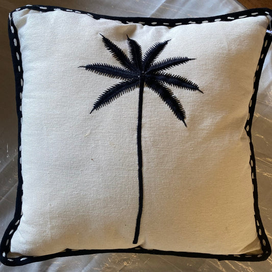 Closed Natural Cotton Weave Black Embroidered Palm Tree Cushion Cover
