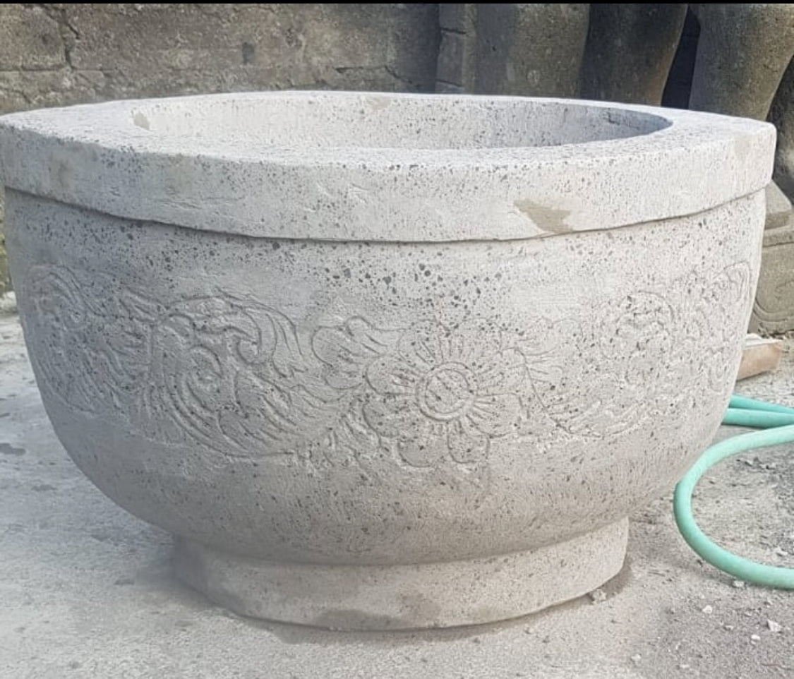 Pot carved oval Concrete natural 62cm long