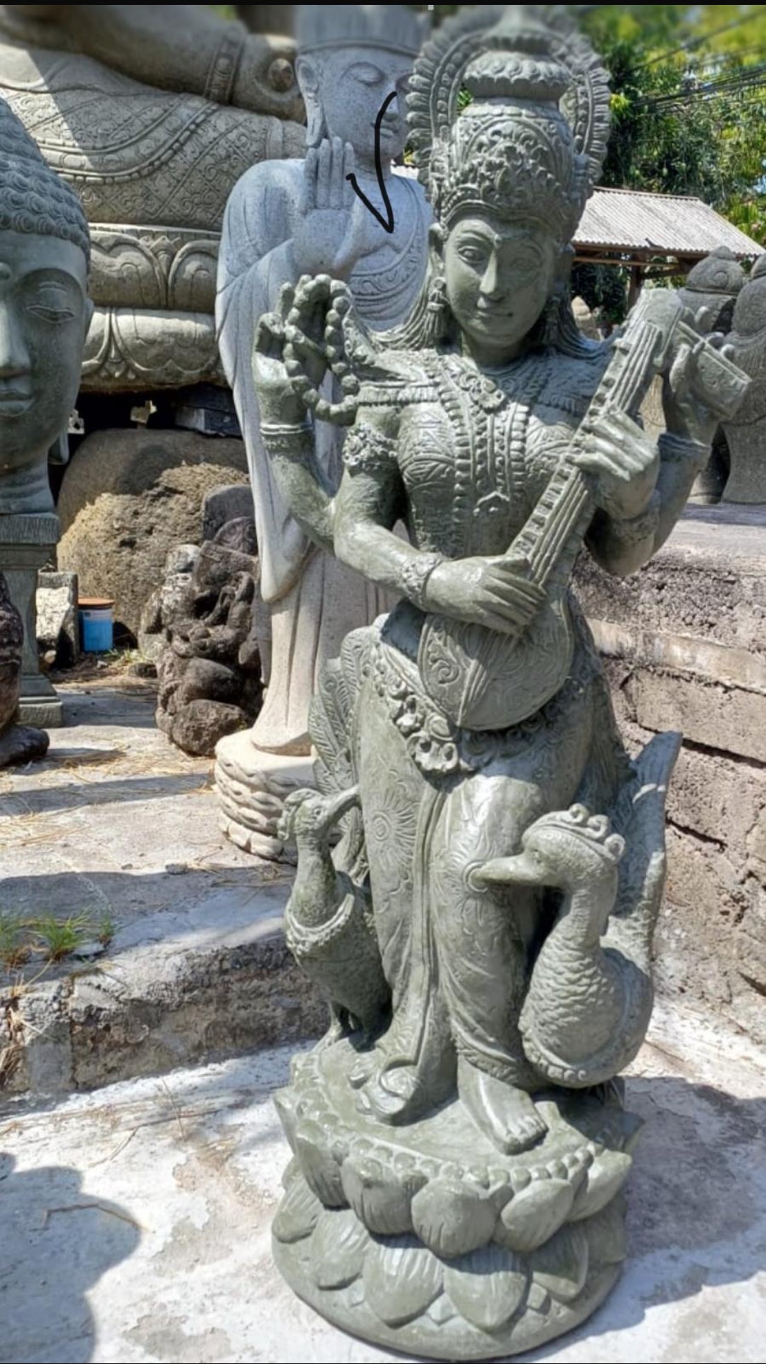 Saraswati carved statue 1 mtr GRC painted finish Creamwash