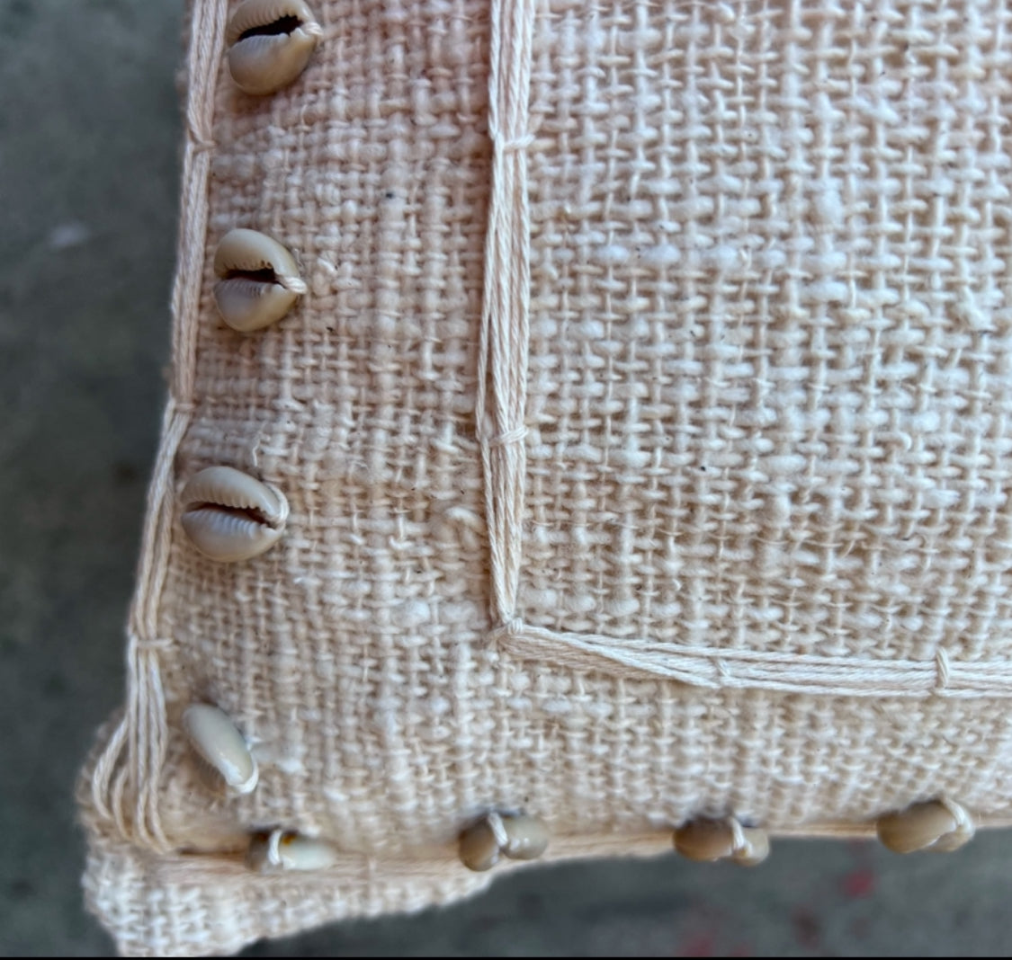 Cushion cover with hand sewn natural shells and stitching open weave Natural Cotton lined cotton calico