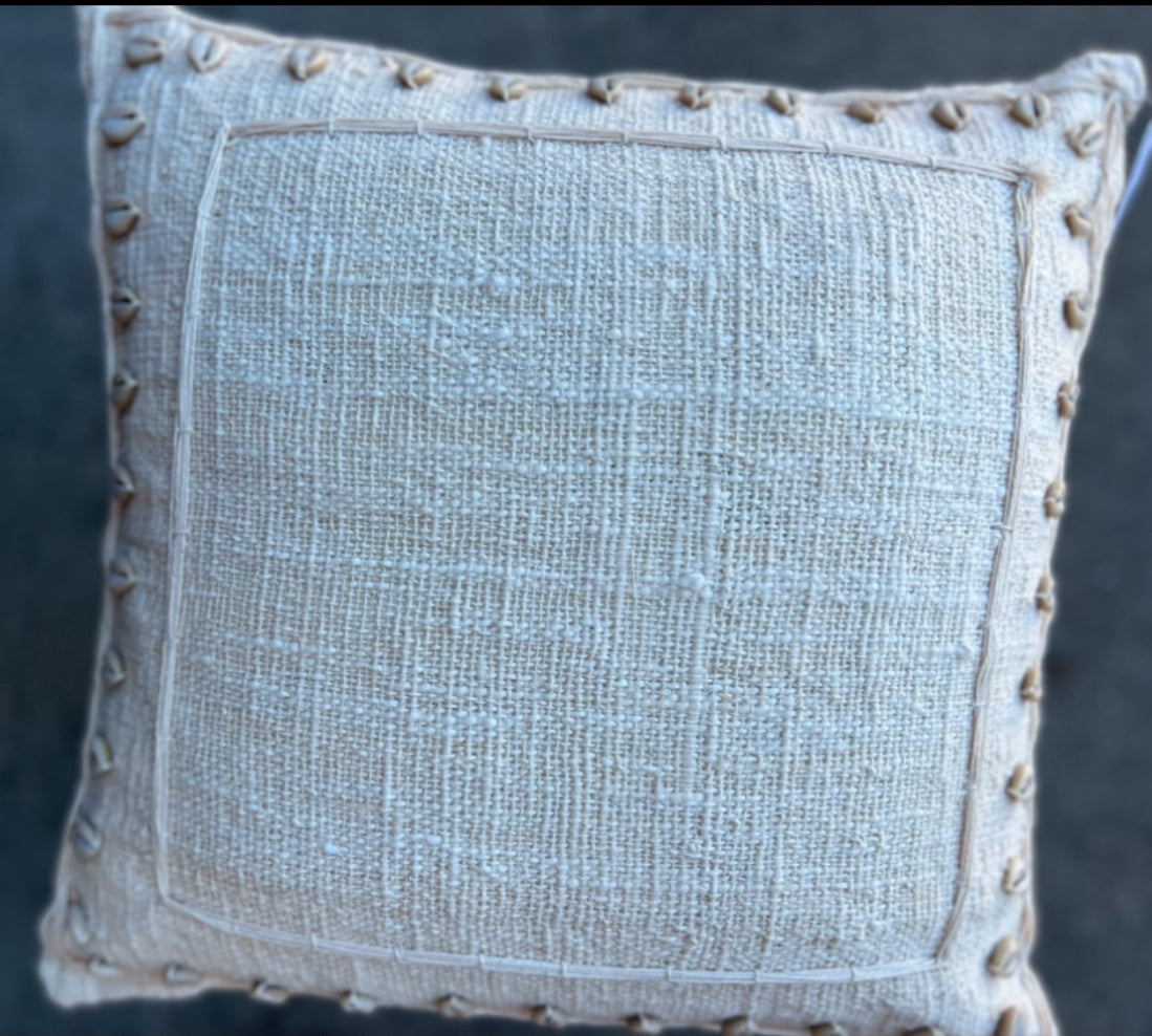 Cushion cover with hand sewn natural shells and stitching open weave Natural Cotton lined cotton calico