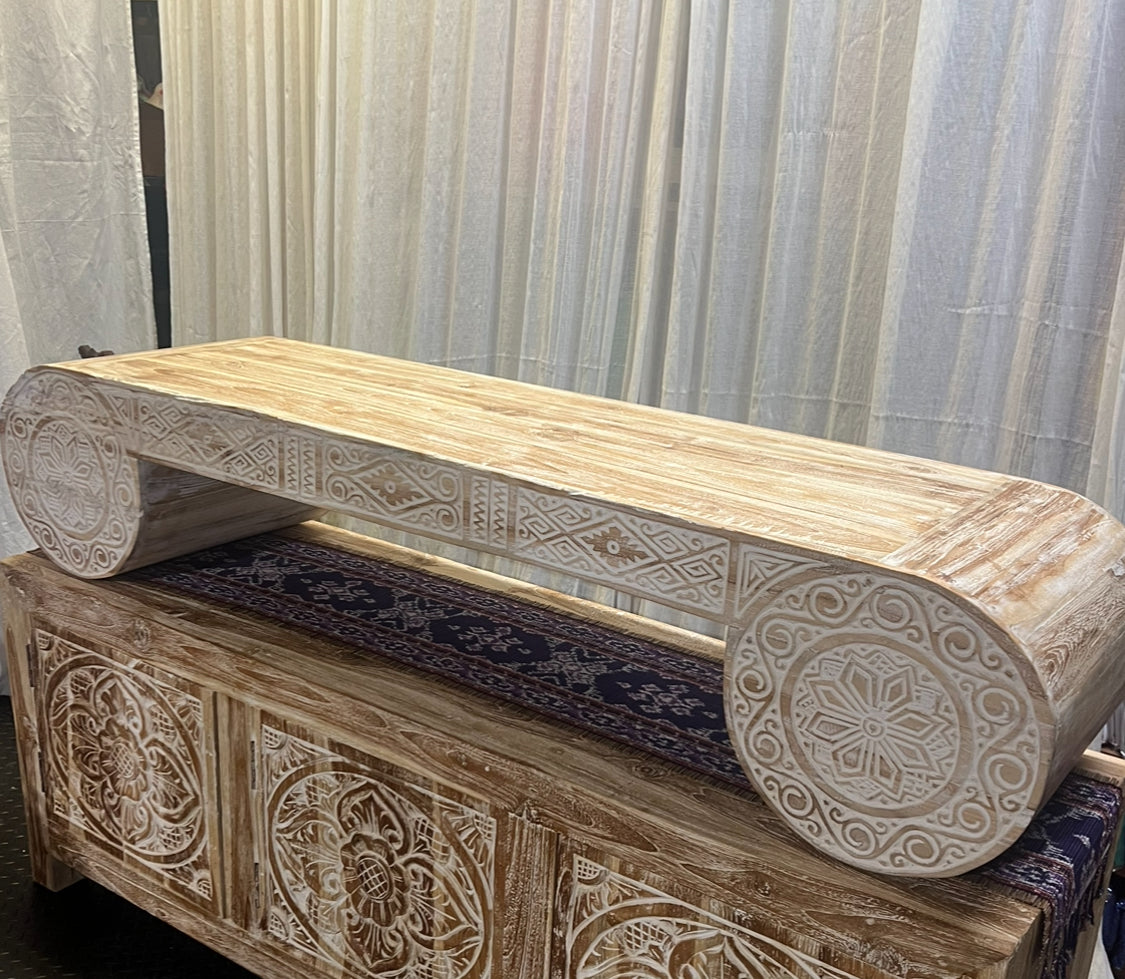 Lowline coffee table 150cm x 40cm x 30cm(h) recycled teakwood.Timor carving