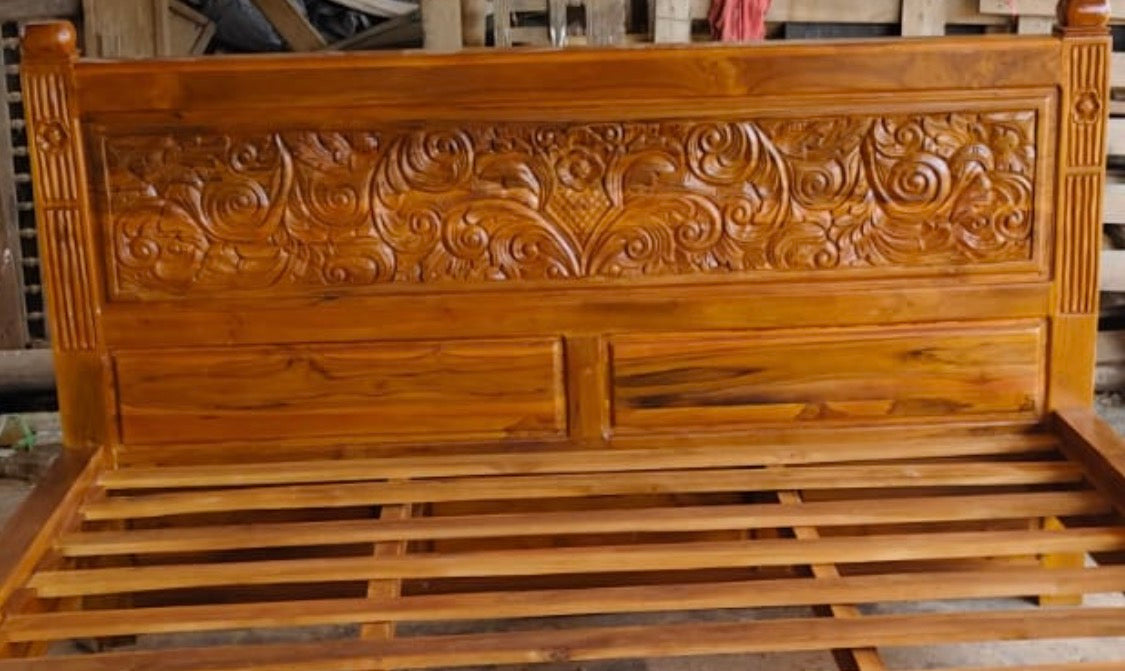 Toyo King Teak Bed with Hand Carved Bedhead and Bedend Panel Natural finish
