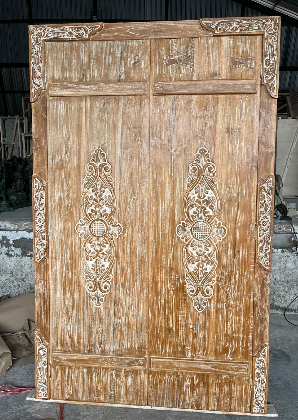Recycled Teak Balinese Door Carved panels front and back 223cmx150cm natural wash