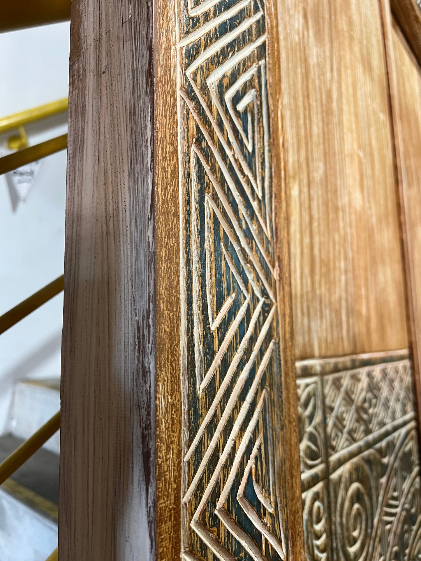 Indonesian Teak carved Timor Geometric design Temple door with carved frame and Door panels