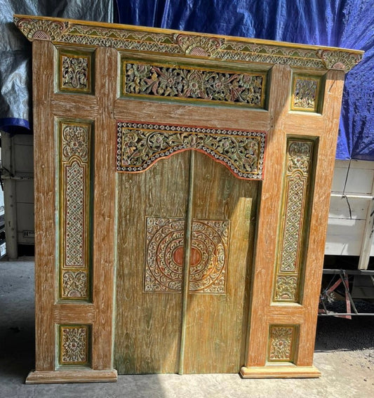Recycled Teak Door dbl with intricate carved side panels mixcolour tones wash finish