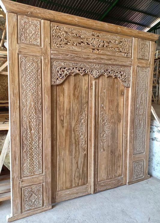 Recycled Teak Door dbl with side panels carved natural wash finish
