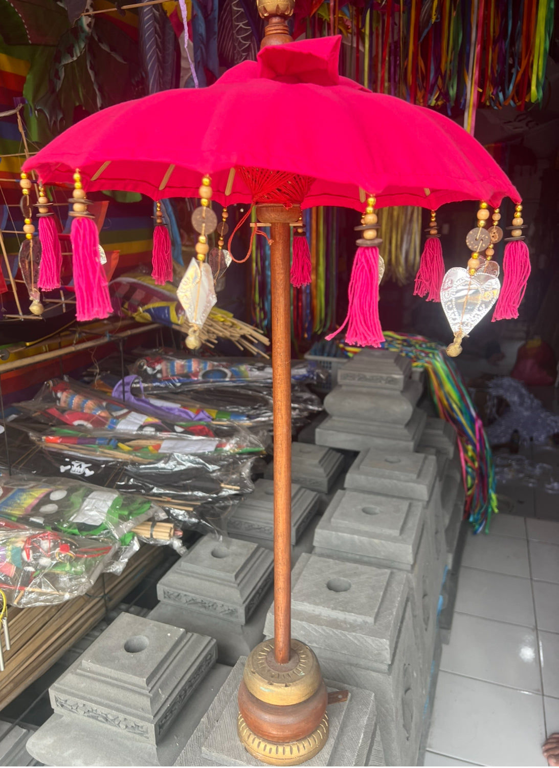 50cm Round Balinese Table Umbrella with wooden pole and stand - Red
