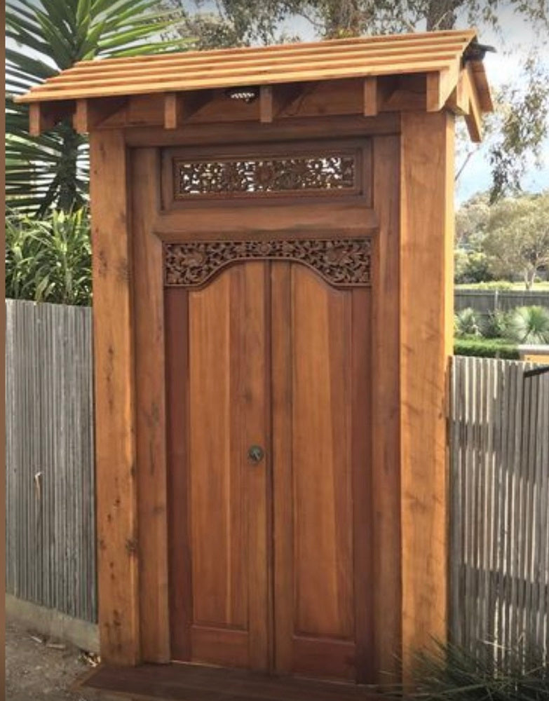 Teak Balinese Temple Door Hand carved Detail Natural wash finish 255cm ht x 132cm