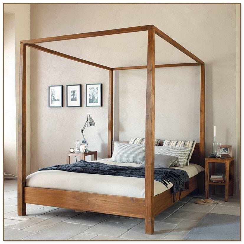 Teak ' Ubud' Style Canopy Bed with plain bedhead Queen/King