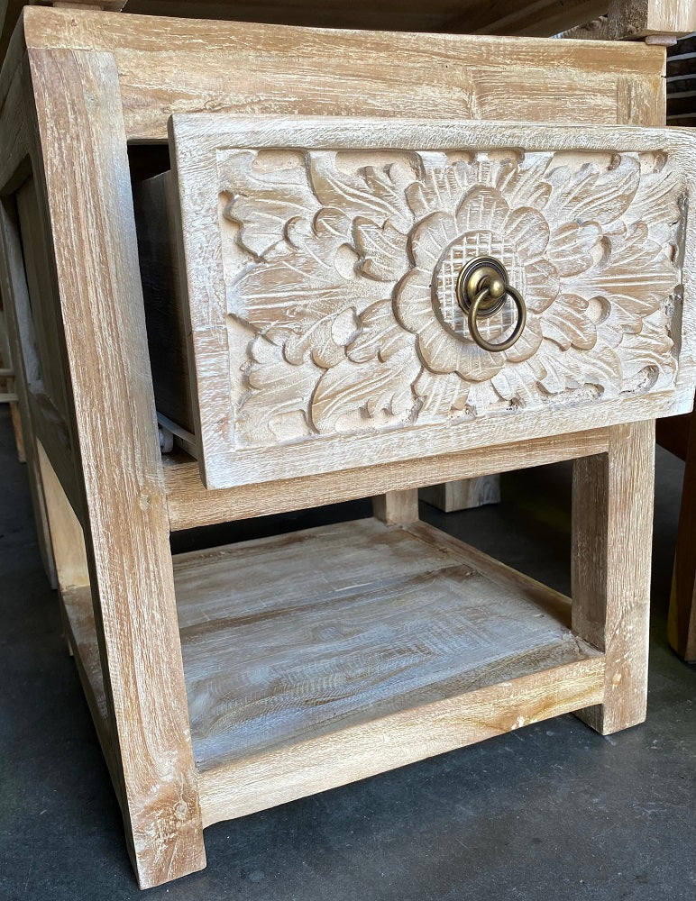 Bedside Cabinet Carved Teak (Natural stain)