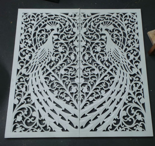 Peacock carved white 2 pc panel  160cm x 160cm