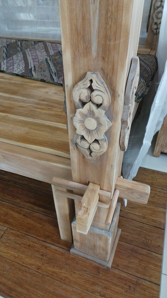 Toyo 'Sketsel' Canopy Carved Recycled Teak Daybed / Bed Double Creamwash