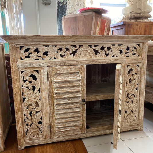 RecycledTeak wood Louvre carved side panel cabinet creamwash