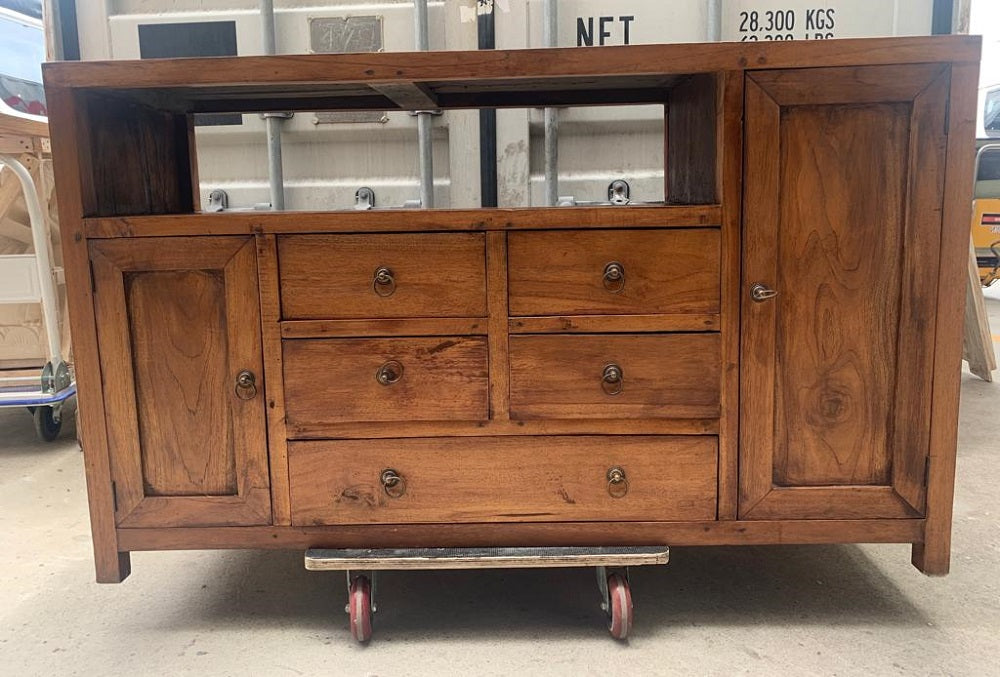 Teak Handmade Sideboard 5 drawer 2 door open shelf 140cm long
