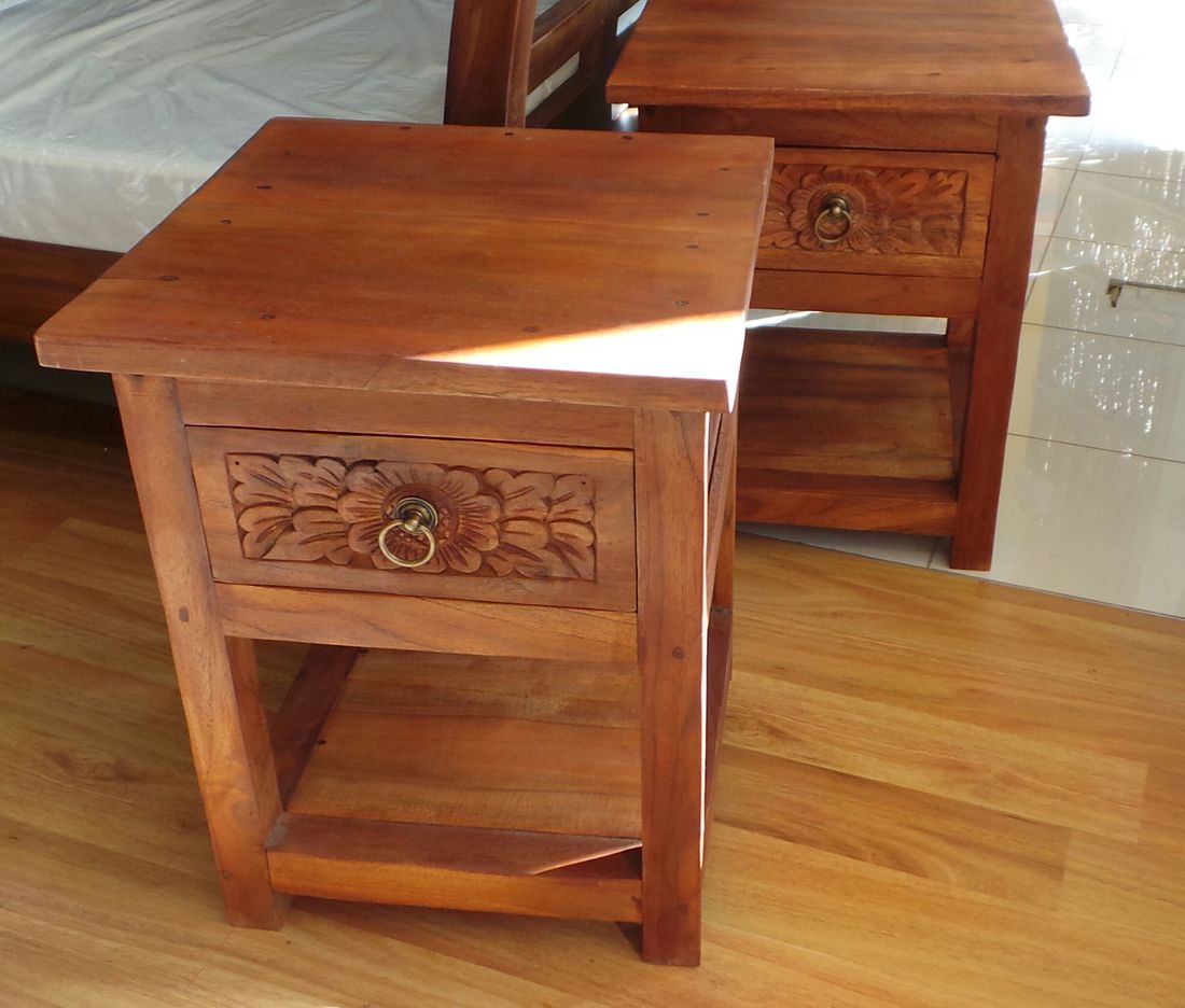 Bedside Cabinet Carved Teak (Natural stain)